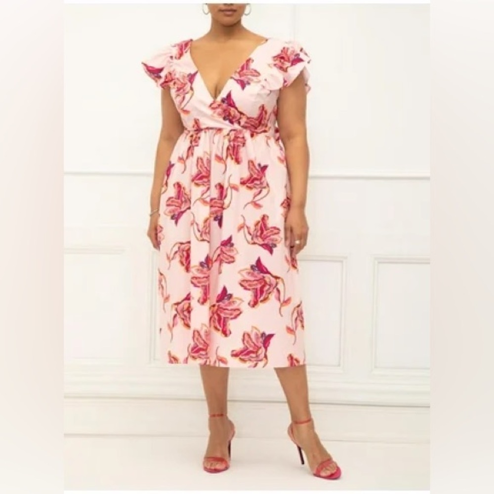 ELOQUII Elements | Ruffle Sleeve Surplice Dress With Tie Back | 24W